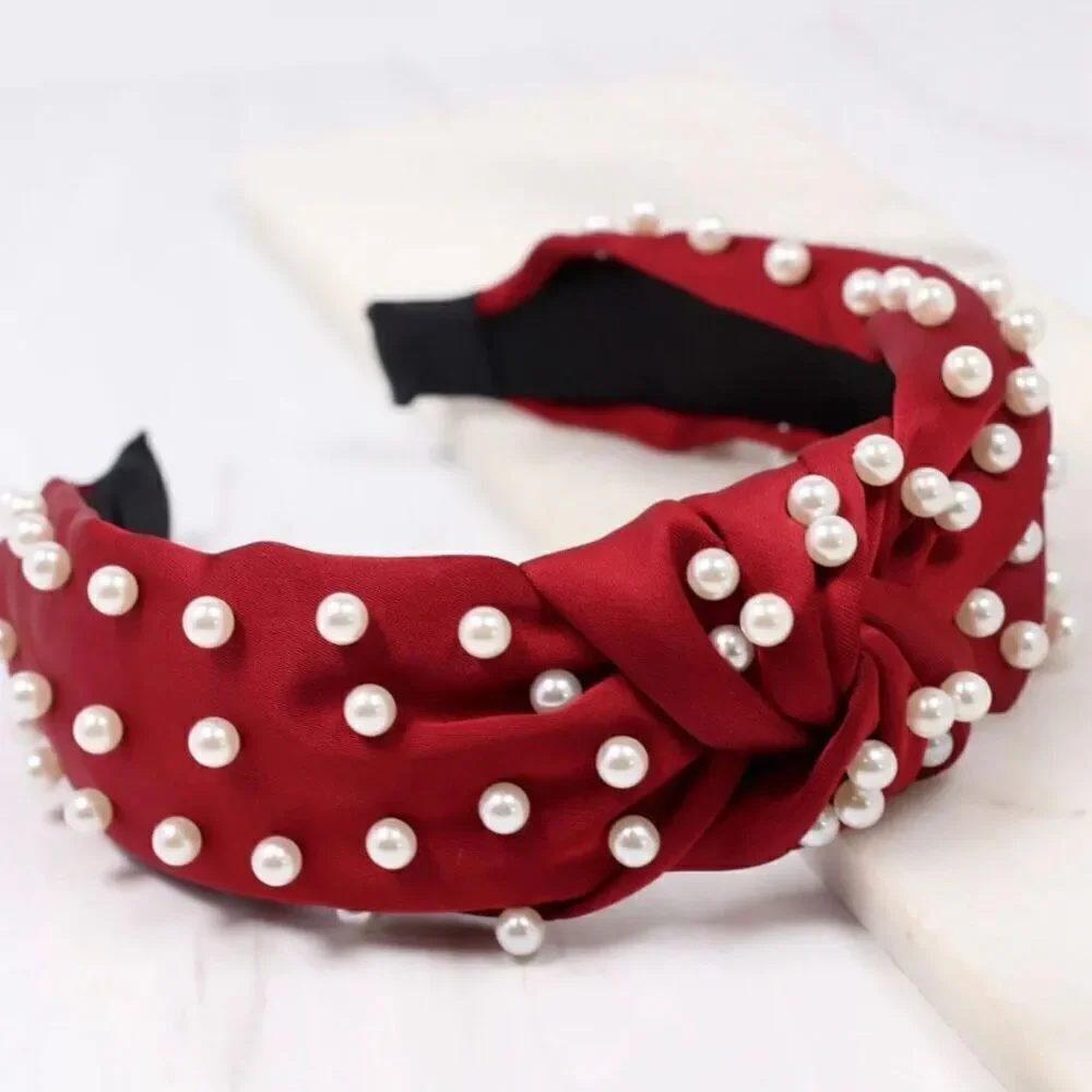 Burgundy Pearl Beaded Knott Headband Womens Casual Classic Valentines Accessory